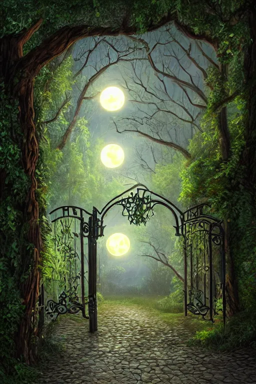 Image similar to a beautiful digital illustration painting of a detailed gothic fantasy fireflies forest trees and iron gate cobblestone pathway vines full moon by james gurney, 8 k resolution trending on artstation concept art digital illustration