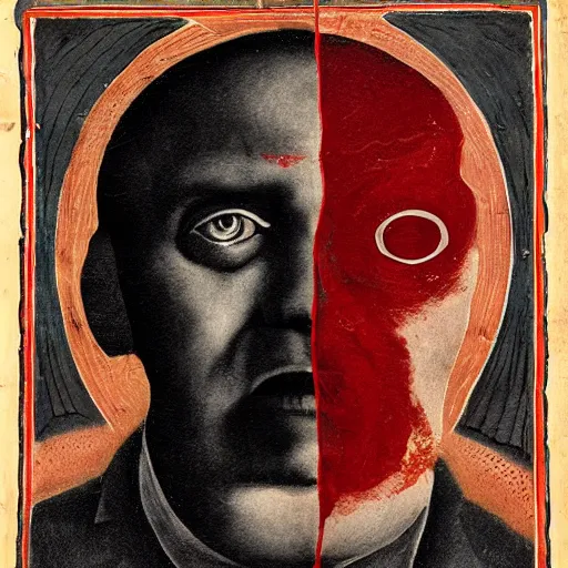 Image similar to portrait of alexander abdulov, with a red eyes, satanic body, head of old man, in blood of sinners, hellish style