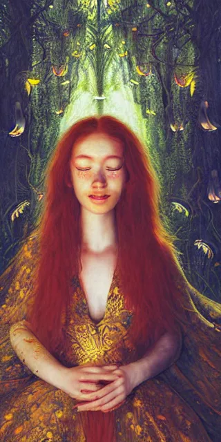 Image similar to young woman, serene smile surrounded by golden firefly lights, amidst nature fully covered by a intricate detailed dress, long red hair, precise linework, accurate green eyes, small nose with freckles, smooth oval shape face, empathic, expressive emotions, spiritual scene, hyper realistic ultrafine art by artemisia gentileschi, jessica rossier, boris vallejo