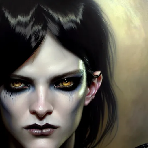 Image similar to portrait painting of an androgynous witch with shoulder length black hair pale skin and beautiful eyes wearing a punk clothes, ultra realistic, concept art, intricate details, eerie, highly detailed, photorealistic, octane render, 8 k, unreal engine. art by artgerm and greg rutkowski and magali villeneuve and alphonse mucha