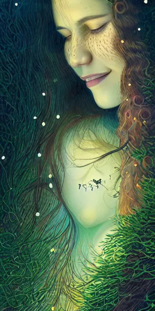 Image similar to infp young woman, smiling amazed, golden fireflies lights, sitting in the midst of nature fully covered, long loose red hair, intricate linework, green eyes, small nose with freckles, oval shape face, realistic, expressive emotions, dramatic lights mystical scene, hyper realistic ultrafine art by michael cheval, jessica rossier, boris vallejo, artgerm