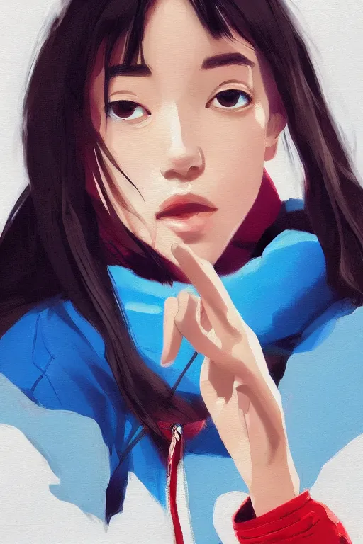 Image similar to a ultradetailed beautiful panting of a stylish girl doing the peace sign, she is wearing an oversized nike jacket, oil painting, by ilya kuvshinov, greg rutkowski, conrad roset and makoto shinkai