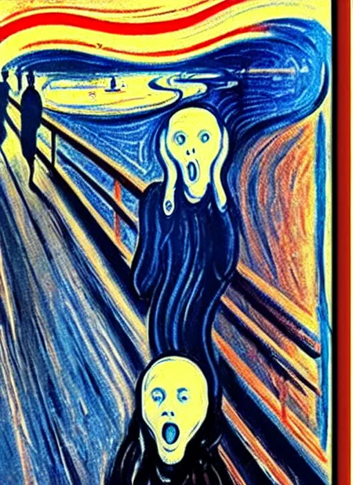 Image similar to oil painting of The Scream !!taking a seflie!! with an iPhone!! by Edvard Munch