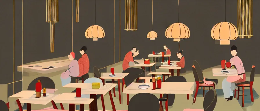 Image similar to a beautiful interior view illustration of a small roasted string hotpot restaurant in yan'an city, wall corner, chinese mountain architecture, restaurant wall paper is tower amd mountain, rectangle white porcelain table, people are eating, black chair, animation illustrative style, from china, simple style structure decoration design, victo ngai, james jean, 4 k hd