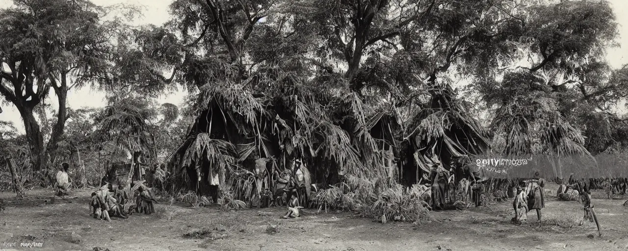 Prompt: Michael Mirus a 1905 colonial photograph of an African village hut with natives around a giant tree draped in slime on the banks of the river Congo , Thick jungle,scary, evil looking, wide angle shot,