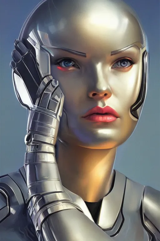 Image similar to retro-futuristic female android in chrome armour, facial portrait, rim light, ornate pattern, painting by vincent di fate, artgerm julie bell beeple, Smooth gradients, High contrast, depth of field, very coherent symmetrical artwork