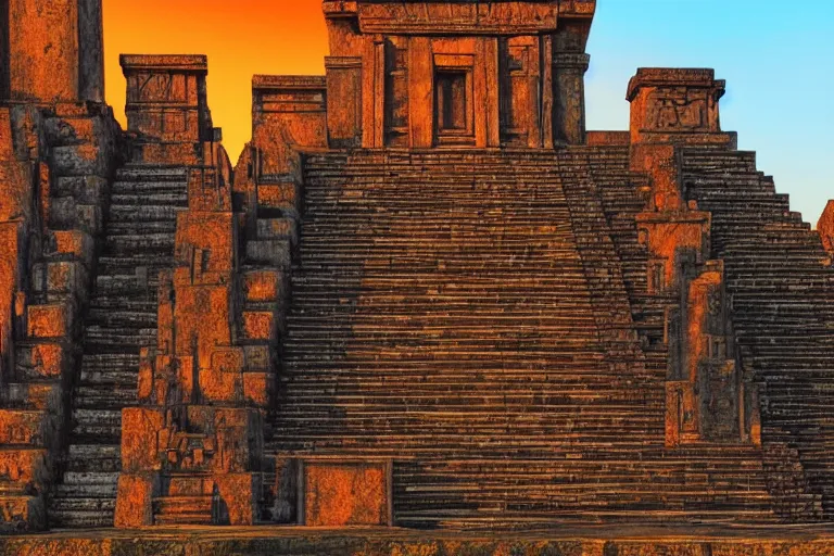 Image similar to ornate detailed aztec temple, flowing blood down steps, jungle setting, red sunset sky