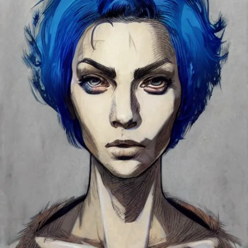 Prompt: intricate portrait, pure skin, short blue hair, in the style of enki bilal!