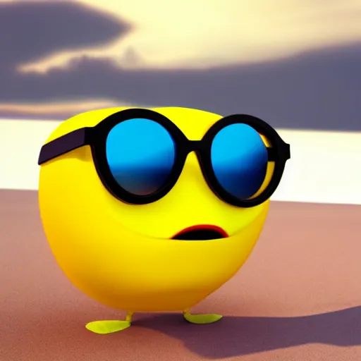 Image similar to a 3 d 4 k render of a lemon character wearing shades on a beach