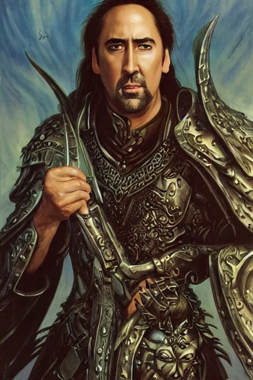 Prompt: !dream Nicholas Cage as a paladin, detailed fantasy art by Gerald Brom