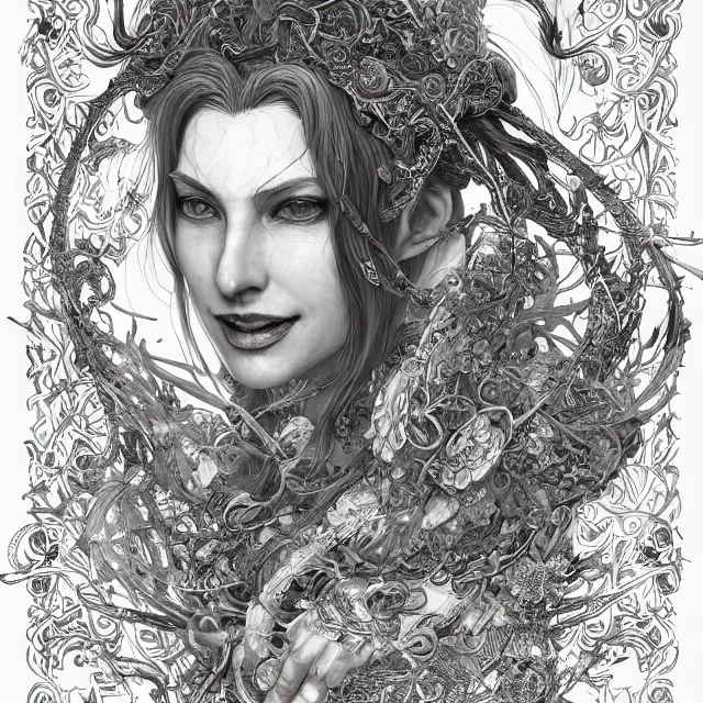 Prompt: the portrait of chaotic good female druid alchemist as absurdly beautiful, gorgeous, elegant, sophisticated happy woman, an ultrafine hyperdetailed illustration by kim jung gi, irakli nadar, intricate linework, sharp focus, bright colors, octopath traveler, final fantasy, unreal engine 5 highly rendered, global illumination, radiant light, detailed and intricate environment