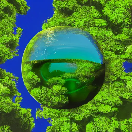 Image similar to spherical planetary view of a clear water planet with green plants grown throughout and floating on top, realistic, high detail, 4 k, clear water, lily pad, planet, water planet, profile picture, nostalgic