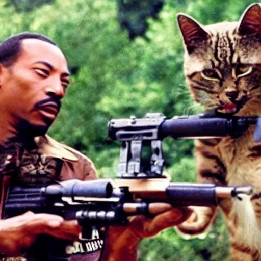 Image similar to a still of the cat shooting a m 6 0 machine gun from the buddy cop movie beverly hills cat 2, with eddie murphy