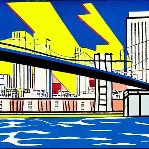 Prompt: painting of the brooklyn bridge by Roy Lichtenstein