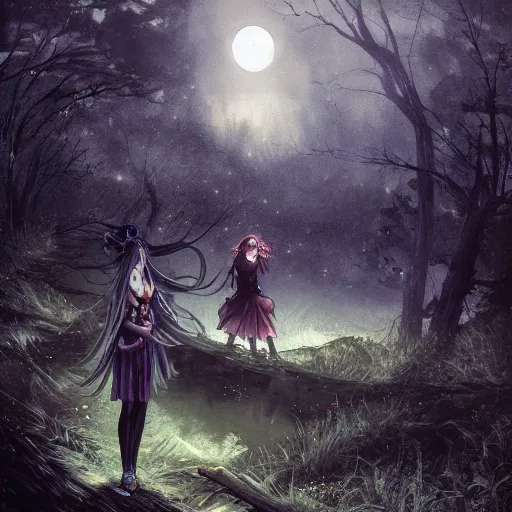 Image similar to goth woman in a moonlight view, in a forest, a river, tankoban, 4 k, tone mapping, akihiko yoshida, james jean andrei riabovitchev marc simonetti, yoshitaka amano, long hair, curly, h. hydrochaeri