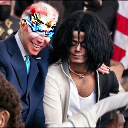 Prompt: Joe Biden sniffing Michael Jackson's hair, photorealistic, 8k, unreal engine, highly detailed