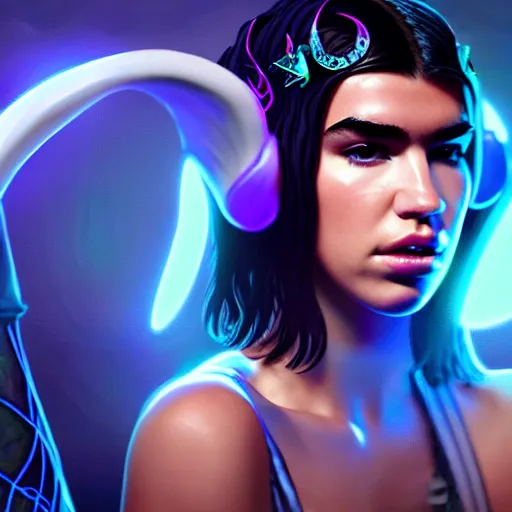 Image similar to Dua Lipa as a magic caster League of Legends playable character, realistic, 4k, highly detailed