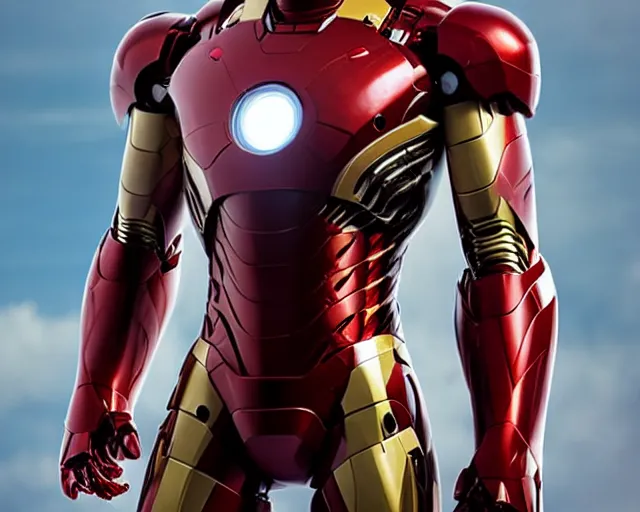 Image similar to 4 k hd, high resolution photograph of iron man suit, full colour, shot with sigma f / 4. 2, 2 5 0 mm sharp lens, wide shot, high level texture render