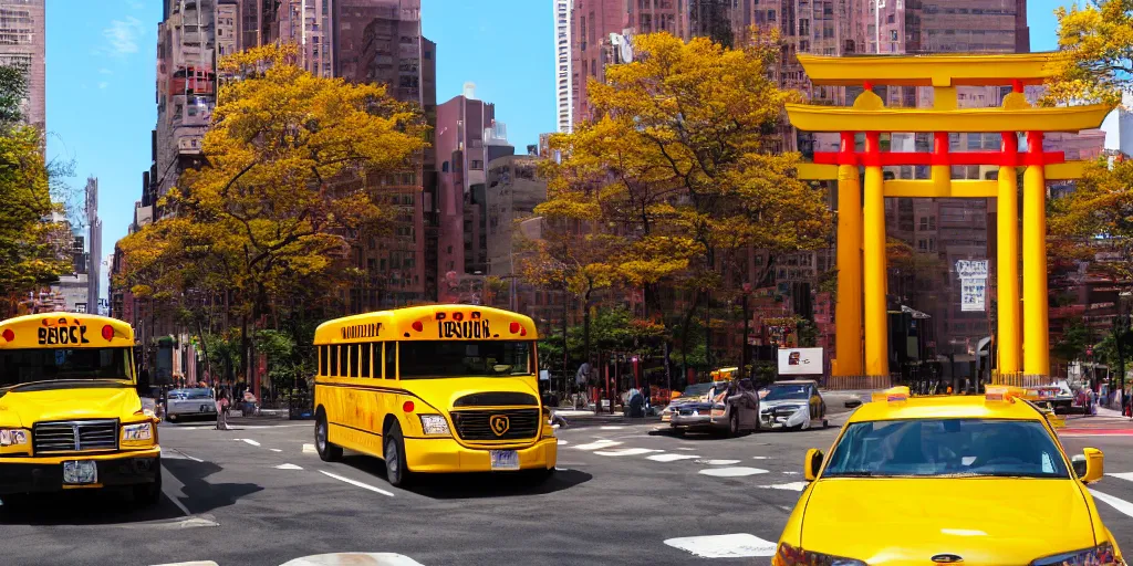 Image similar to Yellow school bus, driving towards a red japanese Torii gate at New York location in USA, ray tracing