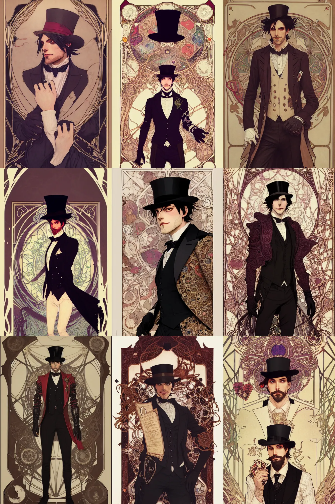 Prompt: conrad roset, mucha, hearthstone, highly detailed portrait of sebastian michaelis, suit vest and top hat and gloves, art nouveau, unreal engine, by greg rutkowski, loish, rossdraws, global illumination, radiant light, detailed and intricate environment