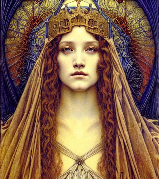 Image similar to detailed realistic beautiful young medieval queen face portrait by jean delville, gustave dore and marco mazzoni, art nouveau, symbolist, visionary, gothic, pre - raphaelite. horizontal symmetry