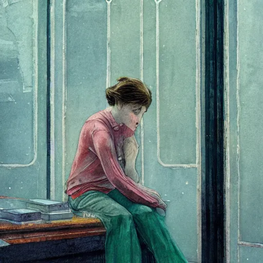 Prompt: close up of a girl in a soviet liminal abandoned building, watercolor by victo ngai, by hammershøi, art noveau, highly detailed, lights by edward hopper, liminal, eerie, bright pastel colors