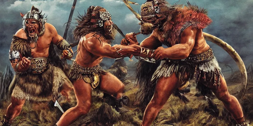 Prompt: Aztec Jaguar Warrior fighting against Odin (Viking) in a one on one fight. Highly detailed, movie scene.