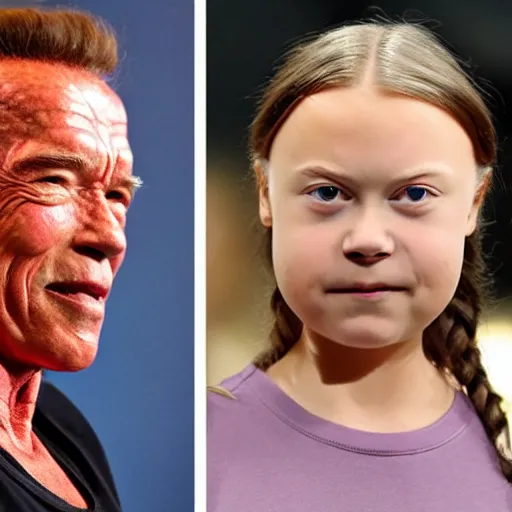 Image similar to Arnold Schwarzenegger and Greta Thunberg are happy together, realistic cartoon