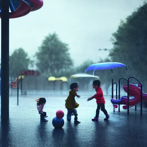Image similar to kids playing at playground in the middle of rainy day. photorealistic, hyperrealistic, cinematic, artstation, octane render, unreal, 8 k