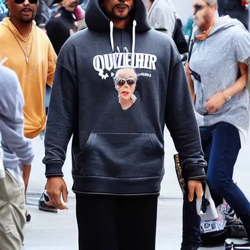 Prompt: Will Smith wearing a hoodie depicting a white Marble Statue of Queen elizabeth wearing cool chains a hoodie and sunglasses