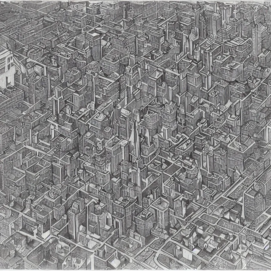 Prompt: the city of montreal in quebec by m. c. escher