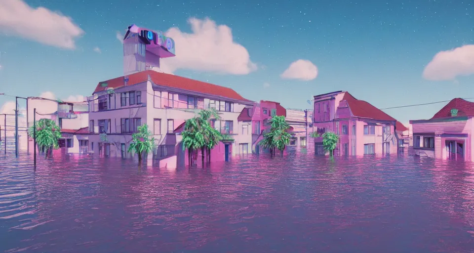 Image similar to 80s vaporwave outrun 3d Render of a german town being flooded, retro, grainy, noisy