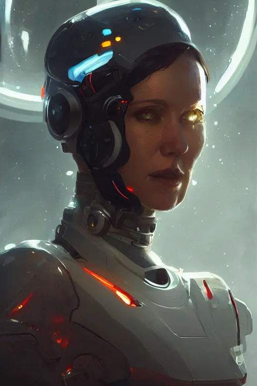 Image similar to portrait of a female space explorer, cyborg, stunning, sci-fi art, artstation, by greg rutkowski, wlop, cinematic lighting