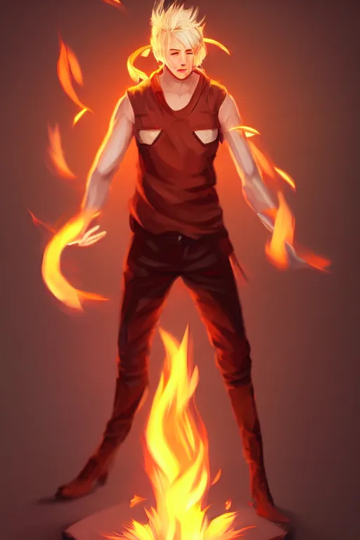 Prompt: character art by wlop, young man, blonde hair, on fire, fire powers