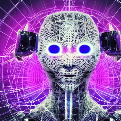 Image similar to an insanely detailed cibernetic artwork of a futuristic artificial intelligence superstar, centered image, perfectly symmetrical alien face, with frames made of detailed fractals, octsne render, 4k, insanely detailed, detailed grid as background, cgi