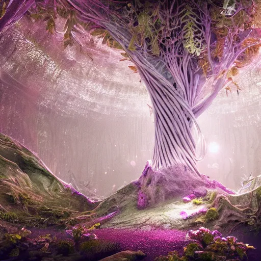 Image similar to biocomputer heart organ intertwined with white biocomputer flowers in a biomechanical cave forest, intricate environment, matte painting, diffused lighting, highly detailed cinematic, atmosphere, diffused lighting, highly detailed digital art, trending on artstation, depth of field, wide angle