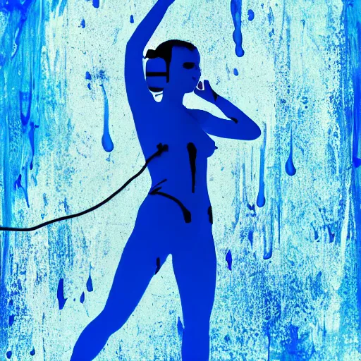 Image similar to dripping electrical blue paint across the shape of a female human body dancing and listening to music with headphones, realistic , high detail, on a clear white background