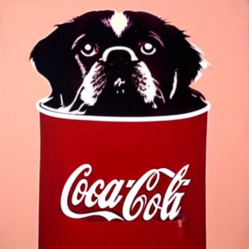 Image similar to coca cola dog tibetan spaniel, art by andy warhol