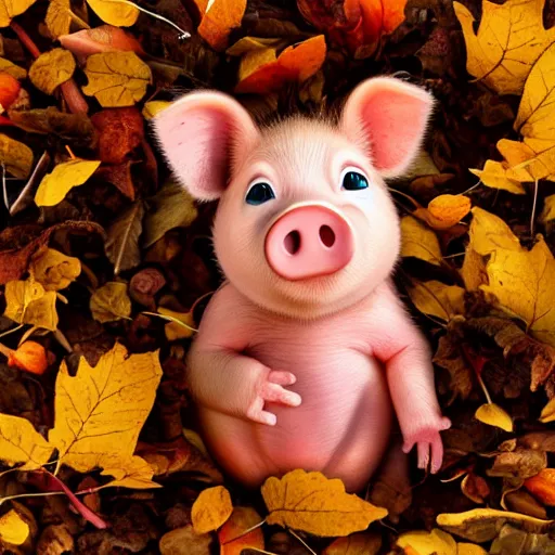 Prompt: cute piglet in a pile of autumn leaves, front facing pixar style