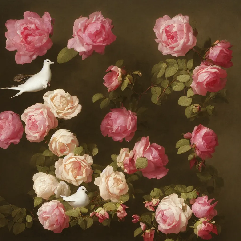 Prompt: a nosegay of { roses }, and a dove by rachel ruysch, 1 6 9 5