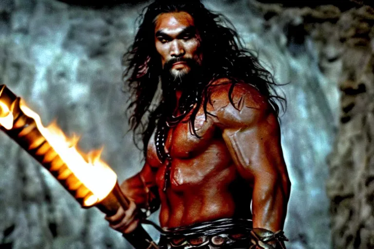 Prompt: film still from conan the barbarian, jason momoa as conan holding a torch in the catacombs of evil, fantasy armor, volumetric lighting, mist, wet skin and windblown hair, muscular!!!, masculine pose, ridley scott