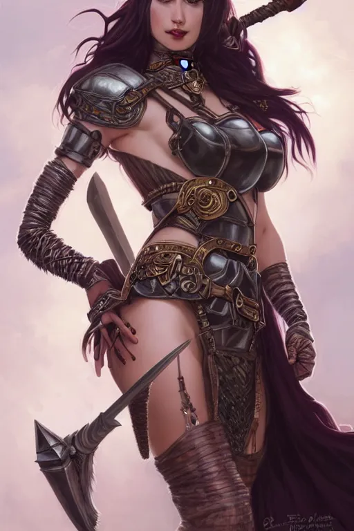 Image similar to Portrait of seductive female barbarian, D&D, revealing stylish dress like metal armor, choker on neck, long flowing hair, mouth slightly open, slight nerdy smile, fantasy, intricate, elegant, highly detailed, digital painting, artstation, concept art, smooth, sharp focus, illustration, art by artgerm and greg rutkowski and alphonse mucha