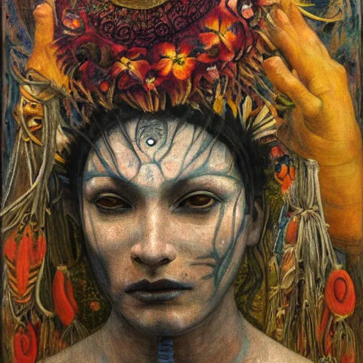 Prompt: masterpiece painting of a dark flower shaman, by annie swynnerton and jean delville and tino rodriguez and diego rivera, facemask made of flowers, art brut, outsider art, symbolist, dramatic lighting, god rays, elaborate geometric ornament, clean crisp graphics, smooth sharp focus, extremely detailed, adolf wolfli