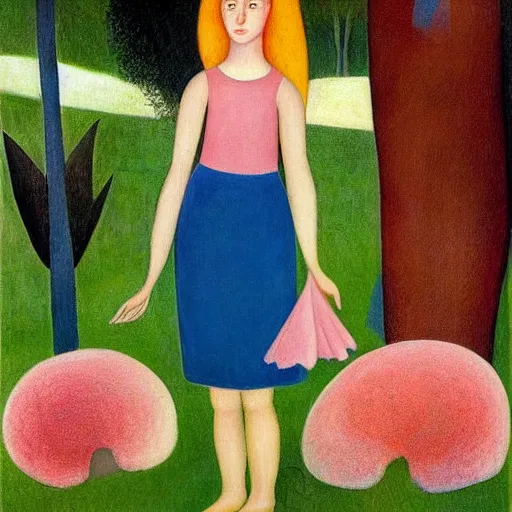 Image similar to moonstone earthy by boris grigoriev. a land art of a young girl with blonde hair, blue eyes, & a pink dress. she is standing in a meadow with flowers & trees.