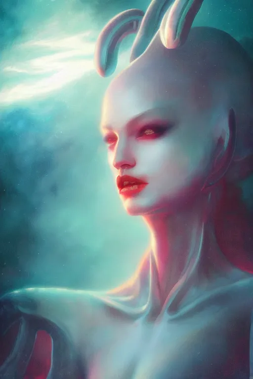 Prompt: a dramatic lighting photo of an elegant alien queen, vaporwave colors, artgerm, tom bagshaw, gerald brom,