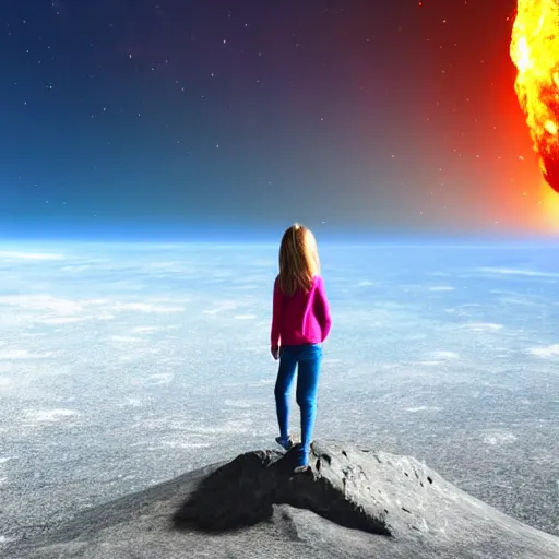 Prompt: a girl on a hill watching a flaming asteroid fall from space, very realistic digital art 3d render
