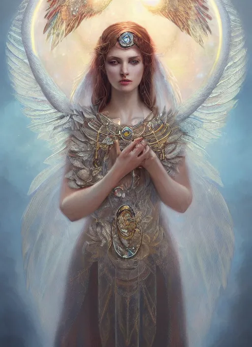 Image similar to A beautiful digital painting of a female Seraphim full of jewels, princess, the moon behind her, intricate, cinematic lighting, highly detailed, digital painting, Artstation, concept art, smooth, sharp focus, illustration, art by Tom Bagshaw, Artgerm and Greg Rutkowski