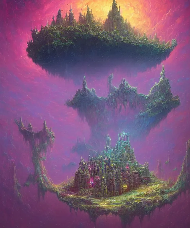 Image similar to an ultra detailed maximalist concept digital art painting of a singular floating island castle, levitating across space in a misty pearlescent nebula by paul lehr kazumasa uchio situated in a starry expanse of bioluminescent cosmic worlds by lee madgwick, beksinski and beeple, ecological art, flying citadel with towers, trending on artstation