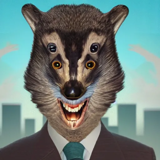 Prompt: a man with the head of a bird screaming at raccoons, realistic, dramatic, detailed