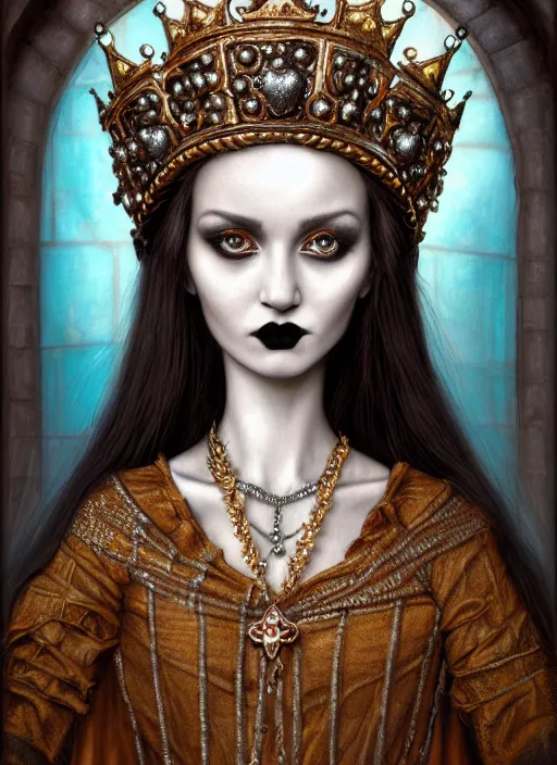 Image similar to highly detailed closeup portrait of a goth medieval princess wearing a crown and sitting on a throne, nicoletta ceccoli, mark ryden, lostfish, global illumination, god rays, detailed and intricate environment